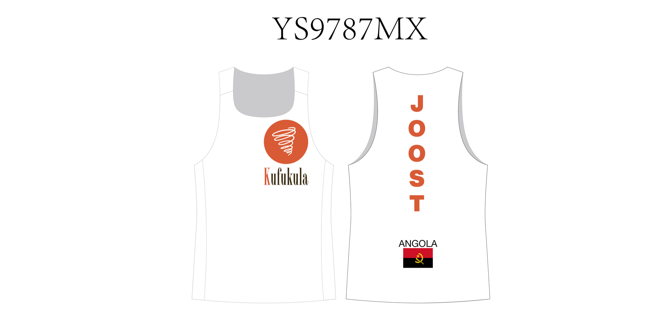 Design da camisola Kufukula: frente com logótipo laranja e costas com JOOST e bandeira de Angola